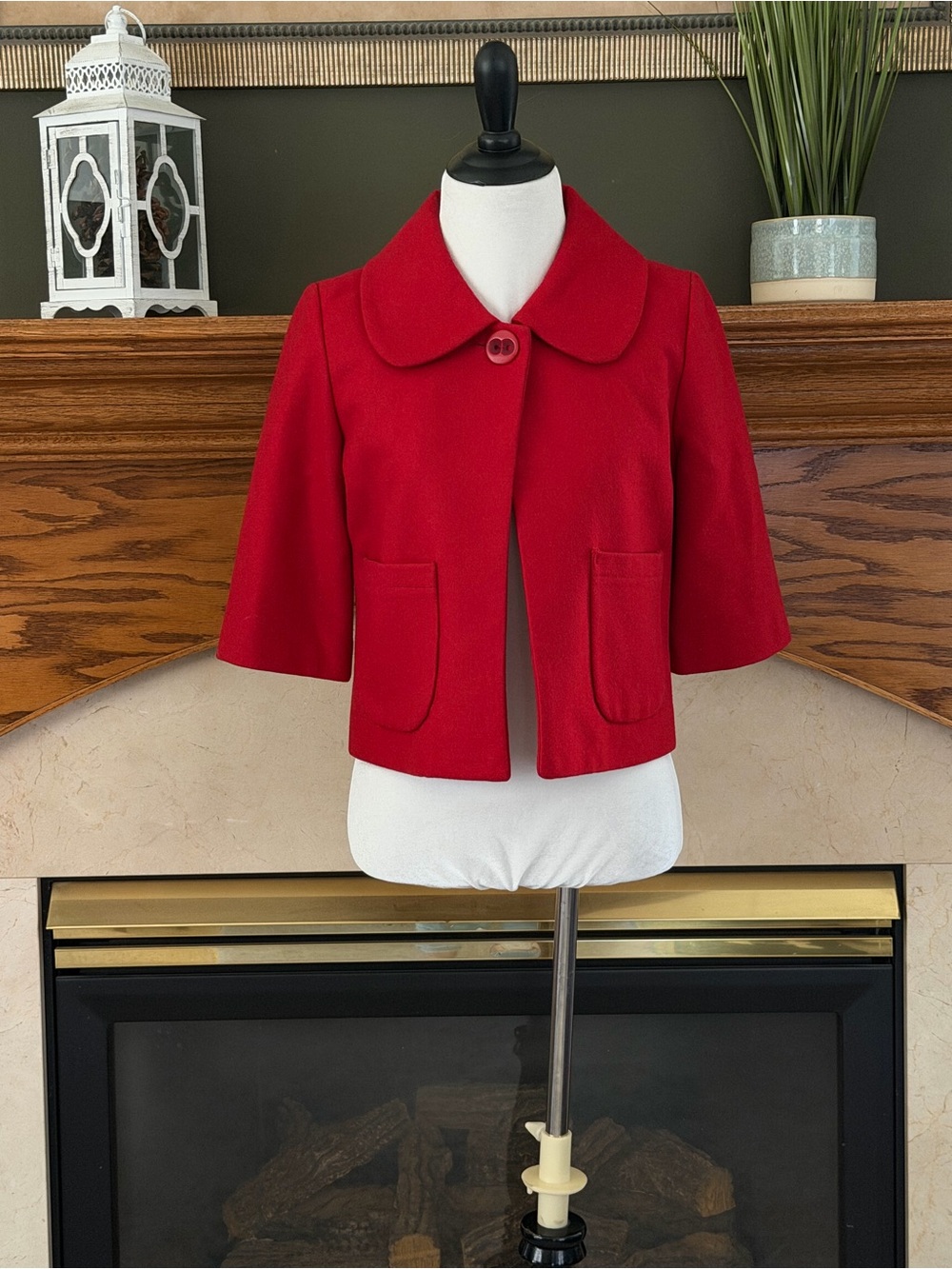 Tulle Wool Blend Deep Red Cropped Peacoat with Peter Pan Collar Size Medium